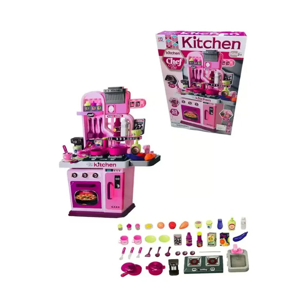 Cocina de Juguete Infantil 53 Piezas con Luz, Sonido, Horno, Nevera y Grifo con Agua Real - Rosada 2